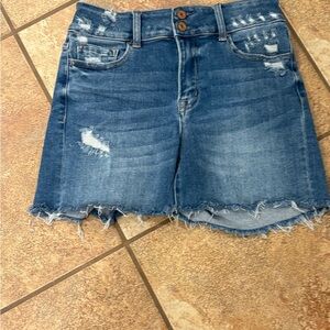High-Rise Distressed Denim Jean Shorts in Blue